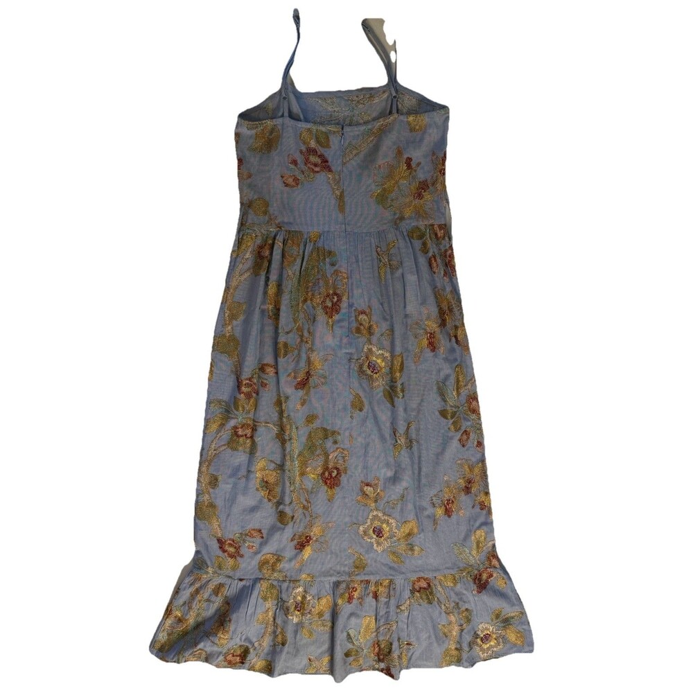 Rose And Rose Blue Embroidered Floral Midi Dress Small Tie Waist Cottagecore - Picture 2 of 10